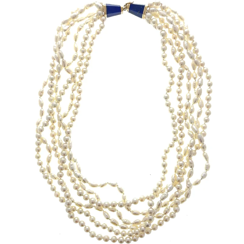 gold chain necklaces for women-Estate 14K Yellow Gold Lapis Lazuli Clasp & Freshwater Pearl Multi Strand Necklace