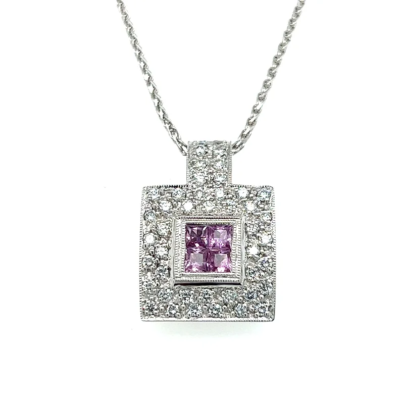 choker necklaces for women-Estate 18K White Gold Pink Sapphire & Diamond Cluster Halo Necklace