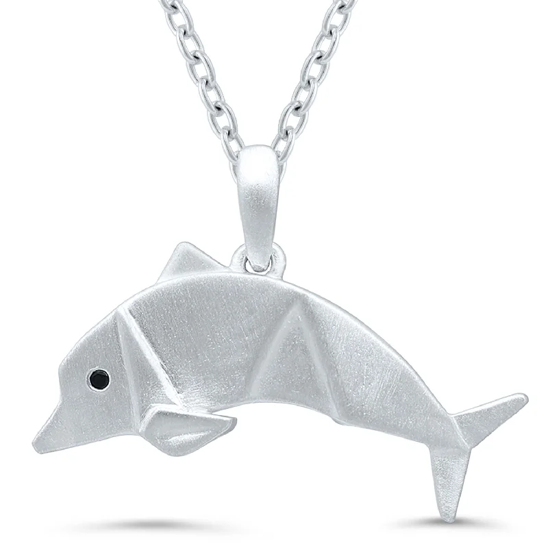 chunky gold necklaces-Sterling Silver Black Diamond Origami Dolphin Necklace