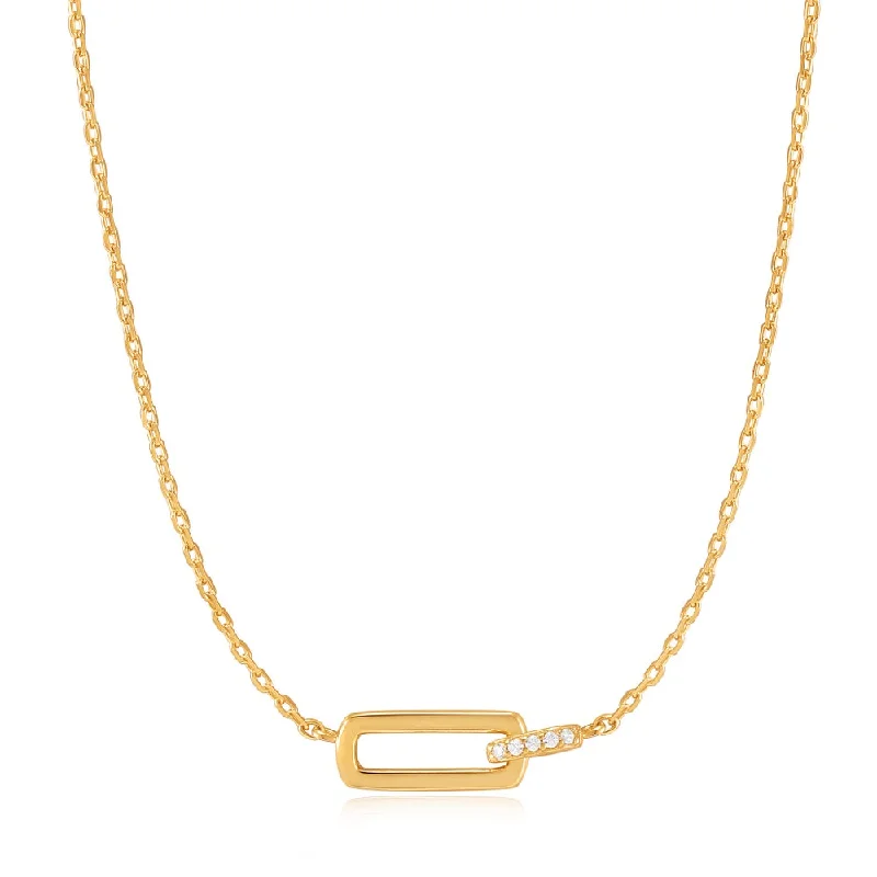 pearl and gold necklaces-Gold Plated Cubic Zirconia Interlocking Paperclip Link Necklace by Ania Haie