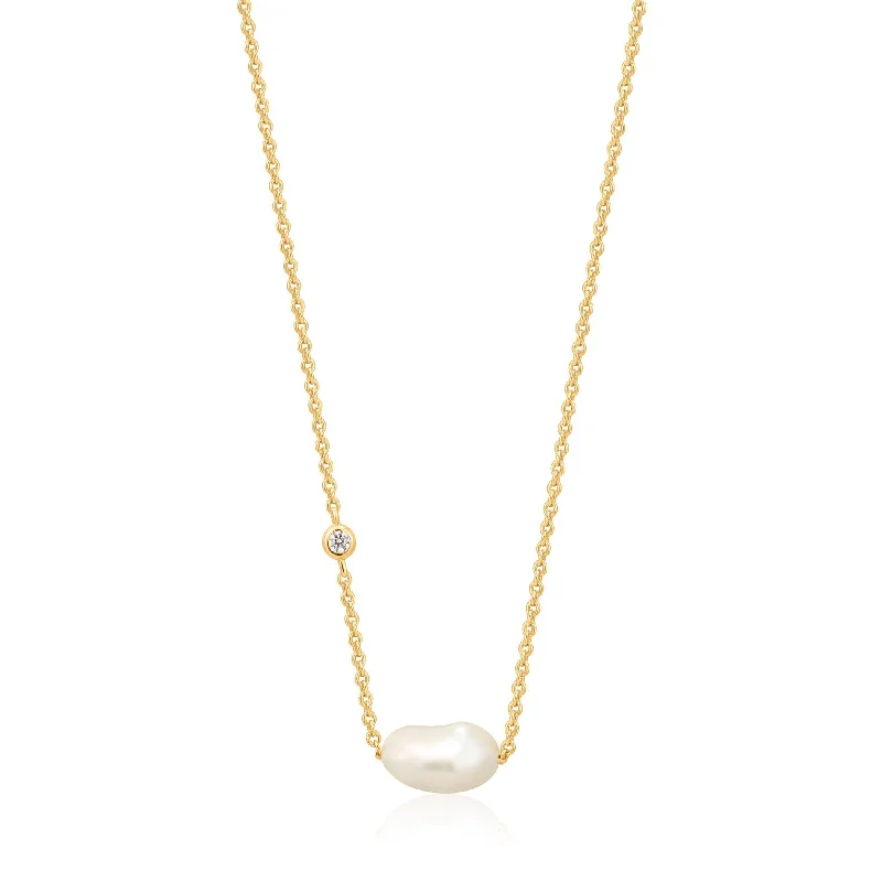 moonstone necklaces-Gold Plated Freshwater Pearl and Cubic Zirconia Necklace by Ania Haie