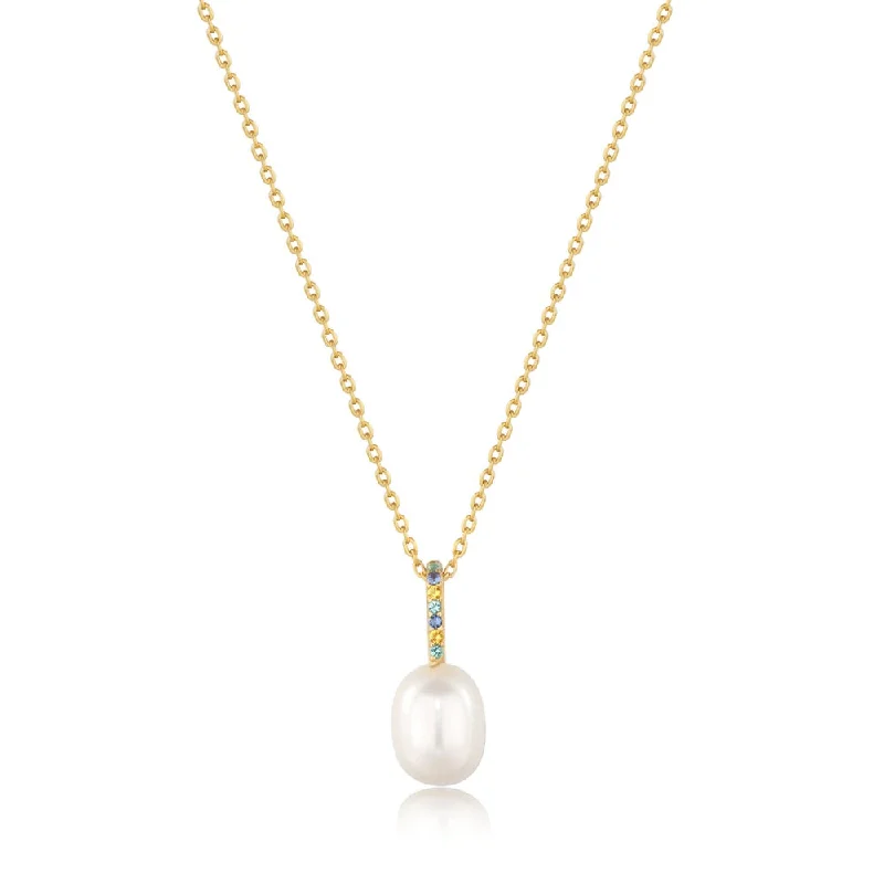 dainty necklaces for women-Gold Plated Nano Gem & Pearl Drop Necklace by Ania Haie