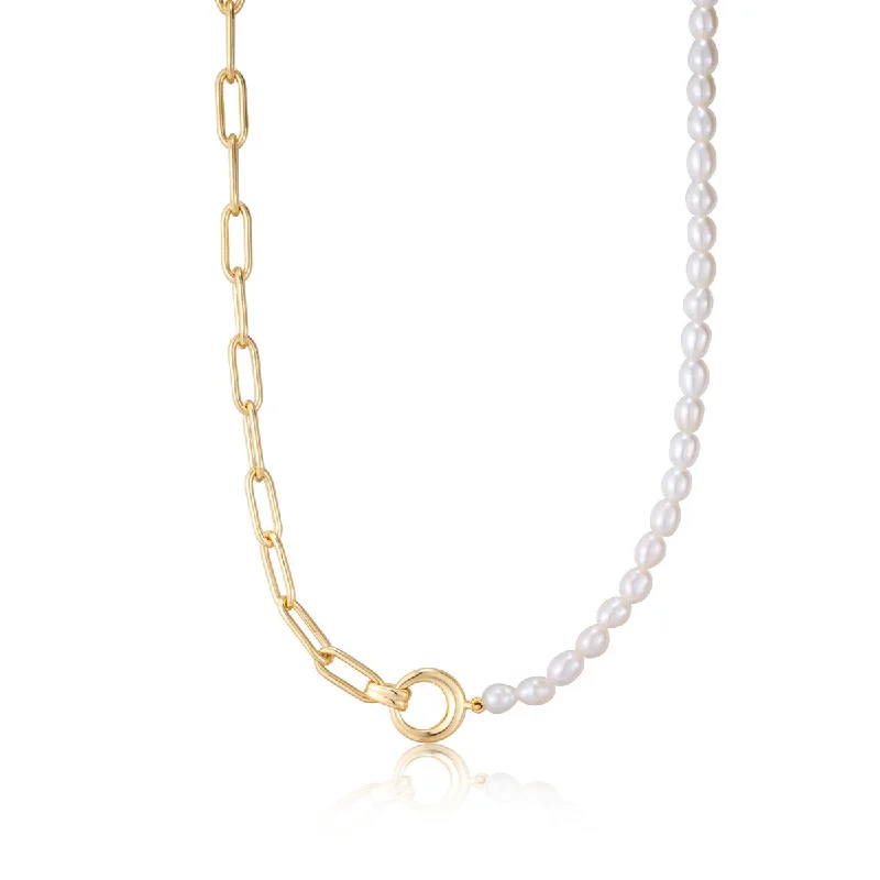 luxury pearl necklaces-Gold Plated Pearl Strand & Paperclip Chain Necklace by Ania Haie