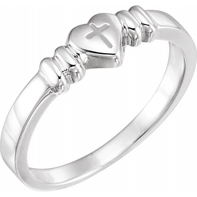 solitaire diamond ring for engagements -Sterling Silver Heart with Cross Engravable Chastity Ring