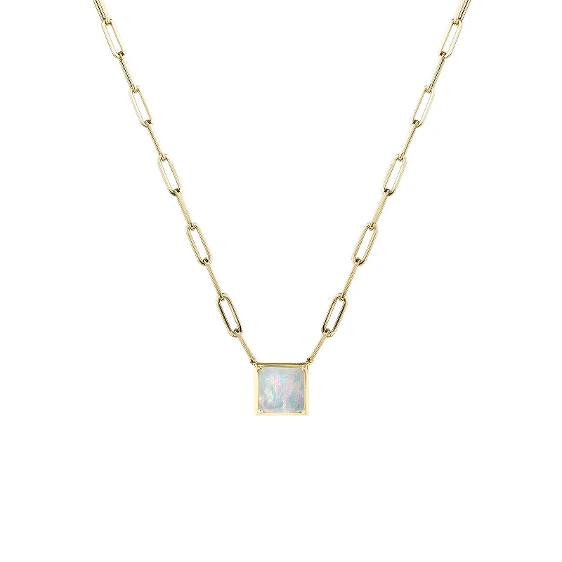 fashion necklaces for women-Square Shaped Opal Pendant with Paperclip Chain