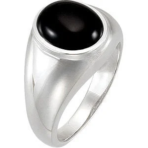 wedding ring set with diamonds for women -Sterling Silver Bezel 12mm Oval Onyx Men's Ring