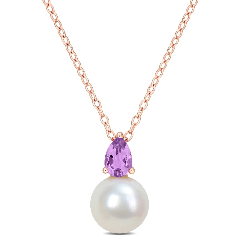 silver pendant necklaces-Miadora 1/3ct TGW Amethyst and 8.5-9mm Cultured Freshwater Pearl Pendant with Chain Rose Silver - 15.5 mm x 8.7 mm