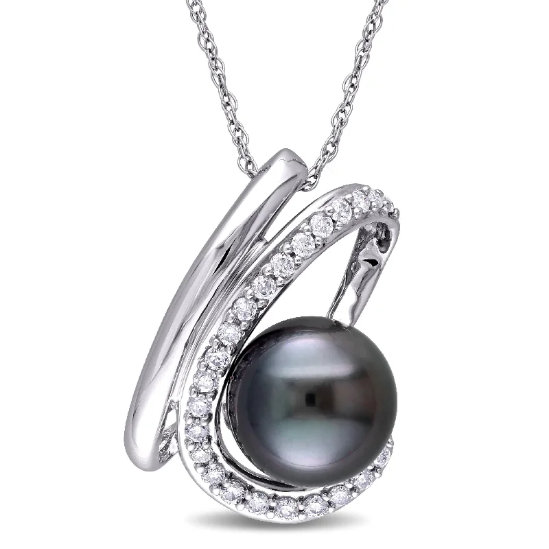 custom pendant necklaces-Miadora 1/4 ct TW Diamond and 9-9.5mm Black Tahitian Pearl Curlicue 10k White Gold