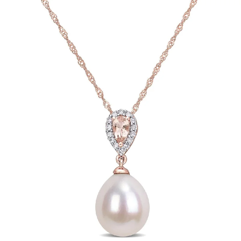 engraved necklaces for women-Miadora 10k Rose Gold Cultured FW Pearl, Diamond and Morganite Drop Halo Necklace (9-9.5 MM)