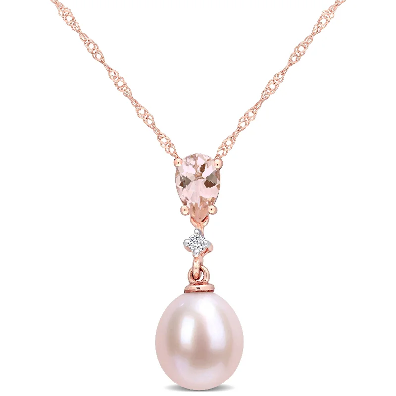 elegant gemstone necklaces-Miadora 10k Rose Gold Cultured FW Pink Pearl, Morganite & Diamond Accent Teardrop Necklace (9-9.5mm)