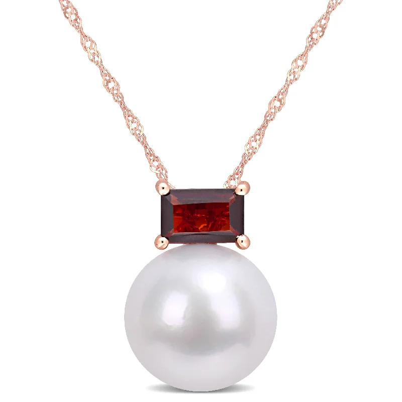 necklace sets for women-Miadora 10k Rose Gold Freshwater Cultured Pearl & Garnet Solitaire Drop Necklace (11-12mm)