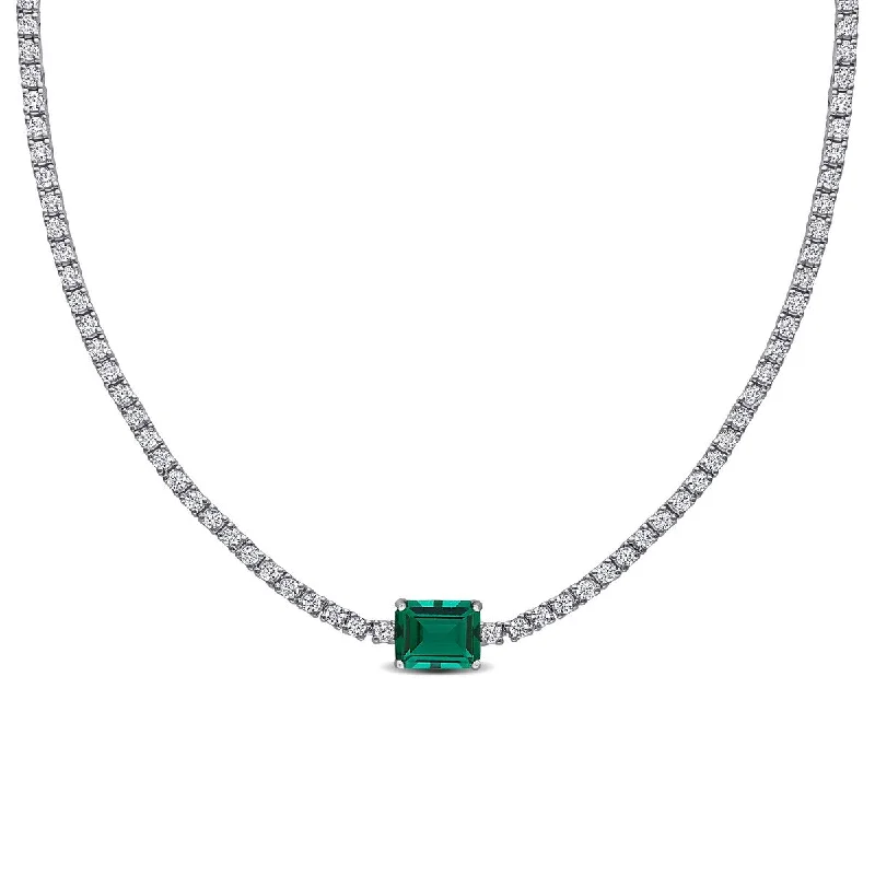 custom name necklaces-Miadora 15 7/8ct TGW Created Emerald Created White Sapphire Necklace in Sterling Silver