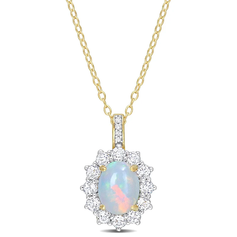 vintage gold necklaces-Miadora 2 1/6ct TGW Blue Ethiopian Opal White Topaz Diamond Accent Necklace Yellow Silver