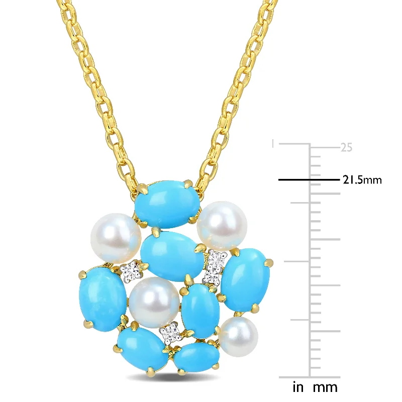 women’s gemstone necklaces-Miadora 5 3/5ct TGW Created Turquoise White Sapphire Cultured Freshwater Pearl Necklace Yellow Silver