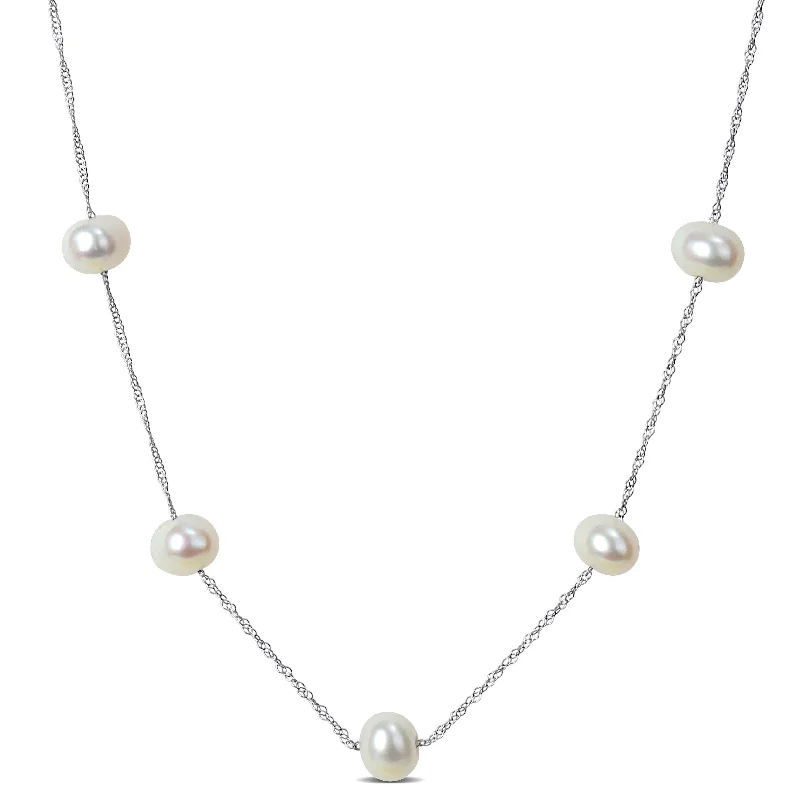 women’s heart-shaped necklaces-Miadora 5.5-6mm Cultured Freshwater Pearl Station 10k White Gold