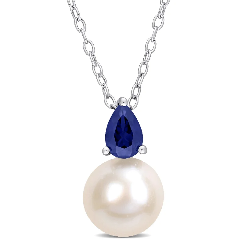 elegant pearl necklaces-Miadora 8.5-9mm White Cultured Freshwater Pearl and 5/8ct TGW Created Blue Sapphire Necklace in Sterling Silver