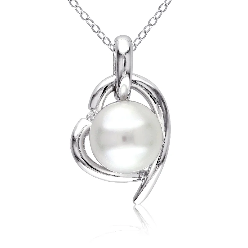 sterling silver pendant necklaces-Miadora 8.5-9mm White Cultured Freshwater Pearl and Diamond Heart Sterling Silver