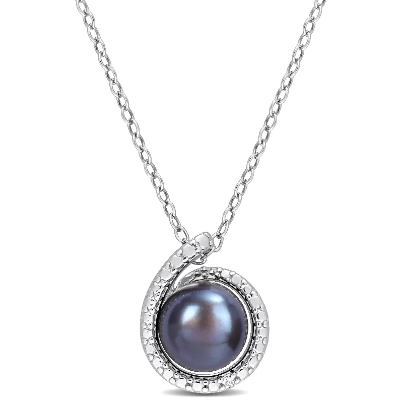 engraved necklaces for women-Miadora 8-8.5mm Black Cultured Freshwater Pearl and Diamond Accent Swirl Pendant with Chain in Sterling Silver - 13 mm x 11.5 mm