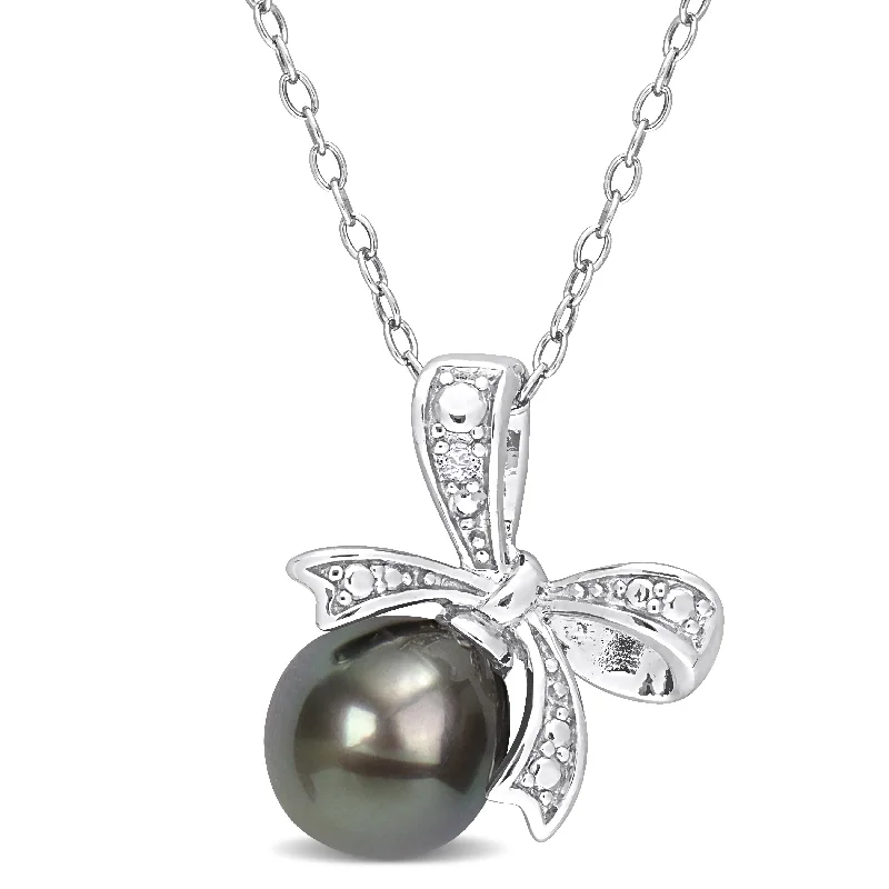 women’s layered necklaces-Miadora 8-8.5mm Black Tahitian Cultured Pearl and Diamond Accent Bow Pendant with Chain in Sterling Silver - 17.6 mm x 16.2 mm