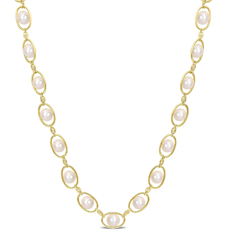 long statement necklaces-Miadora 8-8.5mm Cultured Freshwater Pearl and 1/3ct TGW Cubic Zirconia Oval Link Necklace in 18k Yellow Silver22 in