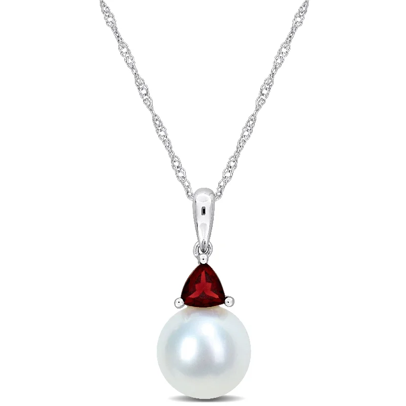 vintage silver necklaces-Miadora 8-8.5mm Cultured Freshwater Pearl and 1/3ct TGW Garnet Pendant with Chain in 10k White Gold - 19 mm x 8.3 mm