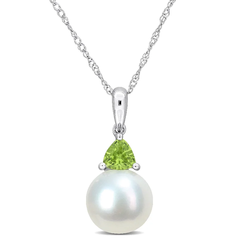 custom engraving necklaces-Miadora 8-8.5mm Cultured Freshwater Pearl and 1/3ct TGW Peridot Pendant with Chain in 10k White Gold - 19 mm x 8.3 mm