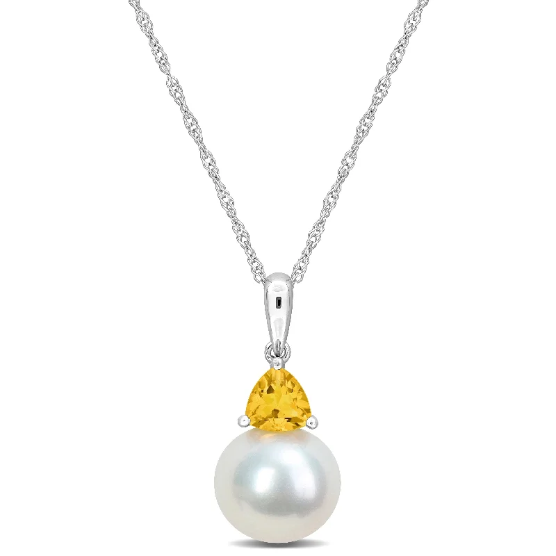 sterling silver chokers-Miadora 8-8.5mm Cultured Freshwater Pearl and 1/4ct TGW Citrine Pendant with Chain in 10k White Gold - 19 mm x 8.3 mm