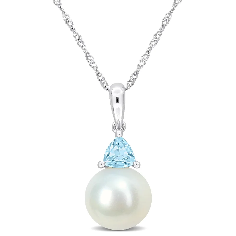 chain necklaces with charms-Miadora 8-8.5mm Cultured Freshwater Pearl and 1/4ct TGW Sky Blue Topaz Pendant with Chain in 10k White Gold - 19 mm x 8.3 mm