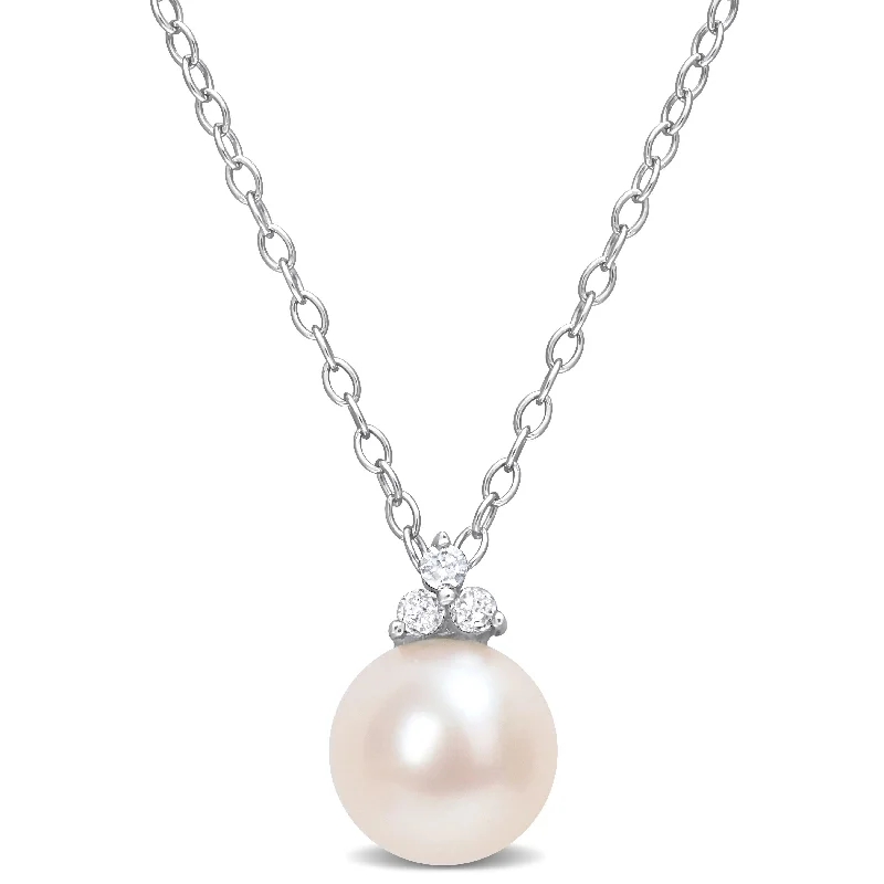 pendant necklaces with gemstones-Miadora 8-8.5mm Cultured Freshwater Pearl and Diamond Accent Pearl Sterling Silver