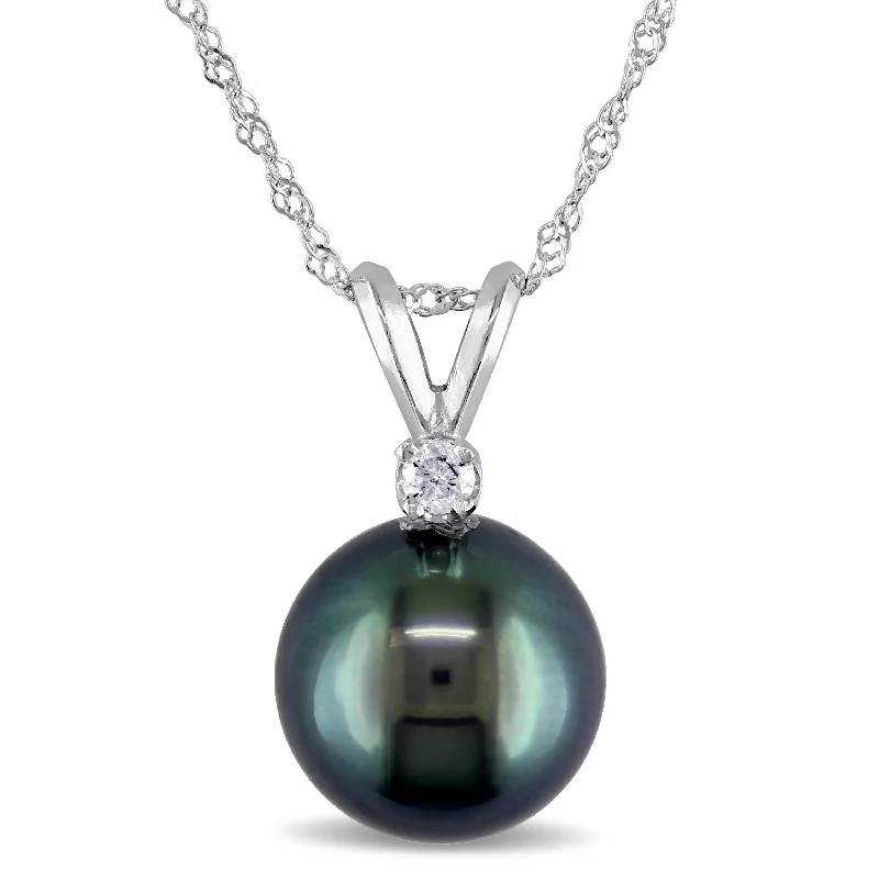 chain necklaces with charms-Miadora 89mm Black Tahitian Cultured Pearl and Diamond Pendant with Chain in 14k White Gold - 17 in x 17 mm x 9 mm