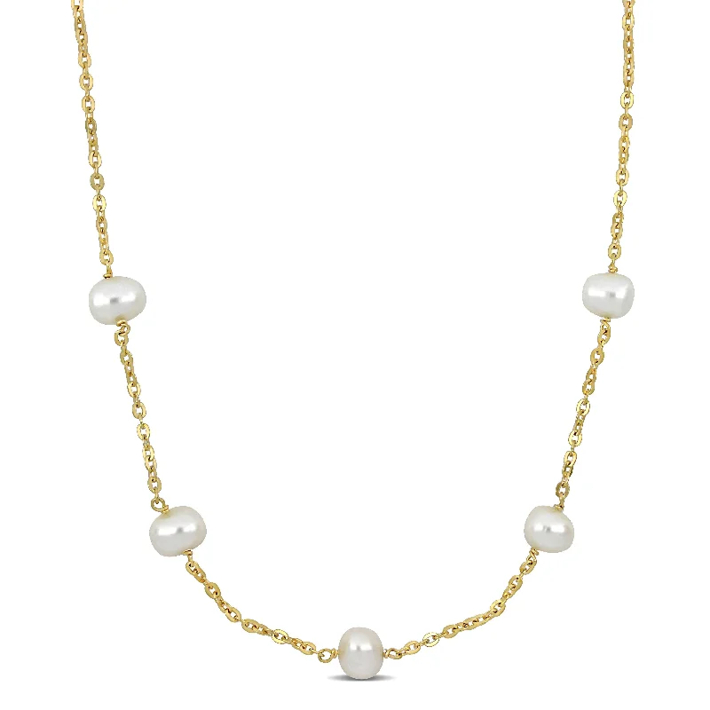 gold chain necklaces for women-Miadora 9-10mm Cultured Freshwater Pearl Station Necklace in Yellow Silver - 18 in x 9.8 x 10 mm