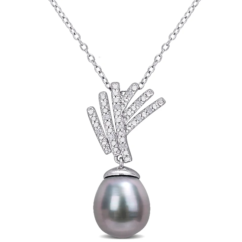 personalized jewelry necklaces-Miadora 9.5-10mm Black Tahitian Cultured Pearl and Diamond Accent Drop Sterling Silver