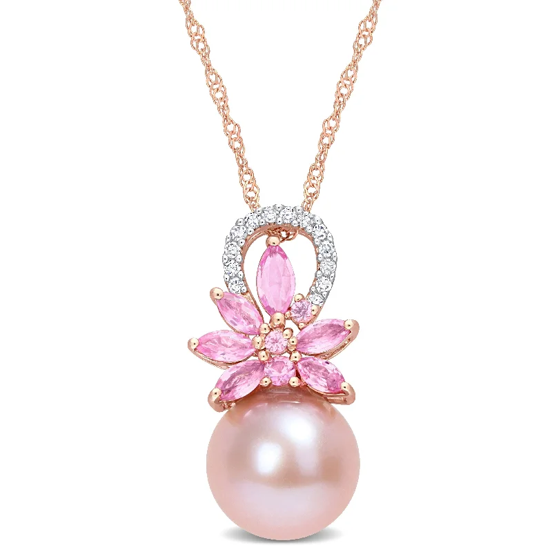 boho style necklaces-Miadora 9.5-10mm Cultured Freshwater Pearl and 1/2 ct TGW Pink Sapphire and Diamond Accent Flower 14k Rose Gold