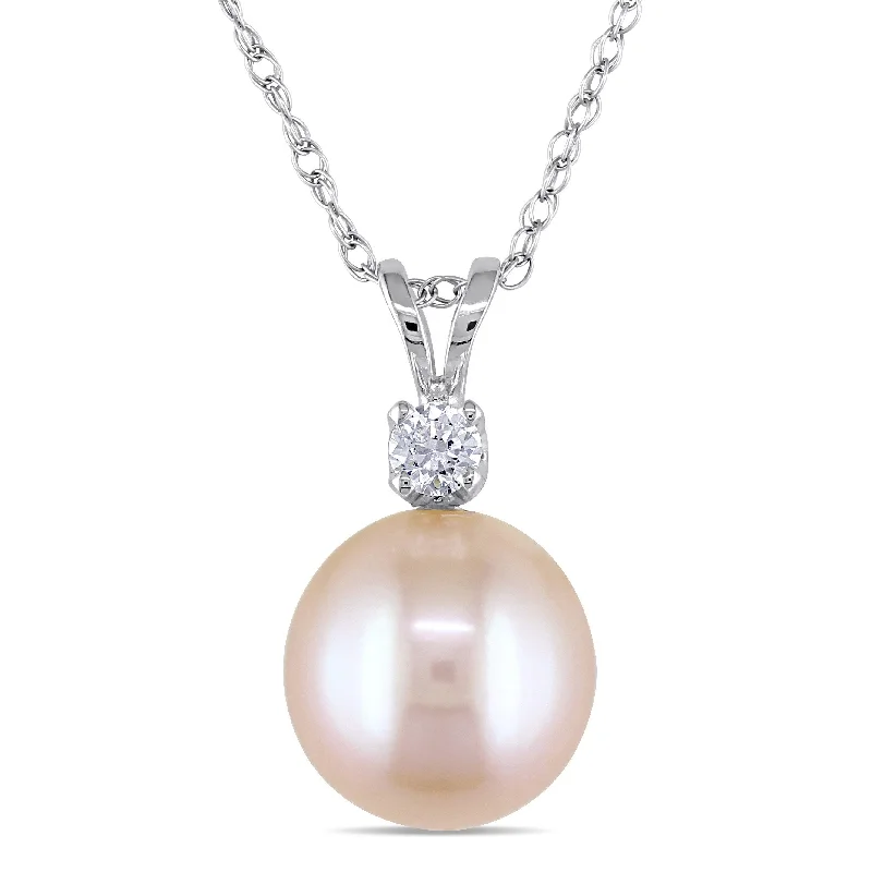 zodiac sign necklaces for women-Miadora 9-9.5mm Pink Cultured Freshwater Pearl and Created White Sapphire Pendant with Singapore Chain in 14k White Gold