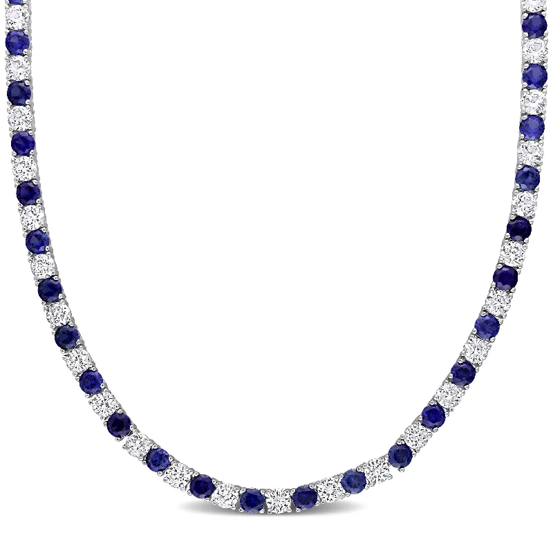 gold necklaces with birthstones-Miadora Created Blue and White Sapphire Tennis Necklace in Sterling Silver