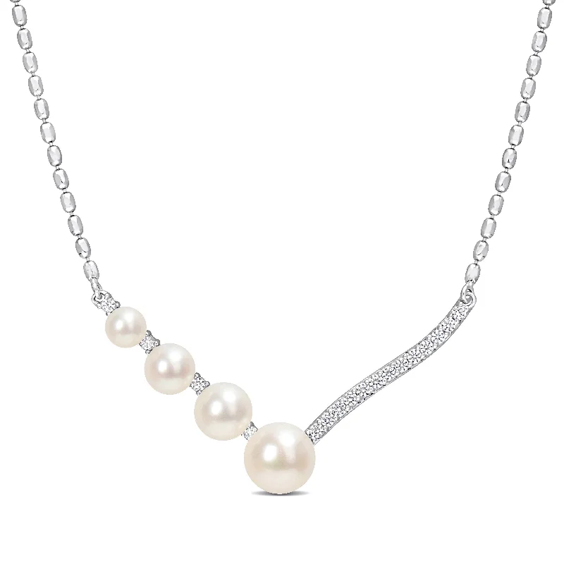 simple pendant necklaces for men-Miadora Freshwater Cultured Pearl and Created White Sapphire Chevron Pendant in Sterling Silver