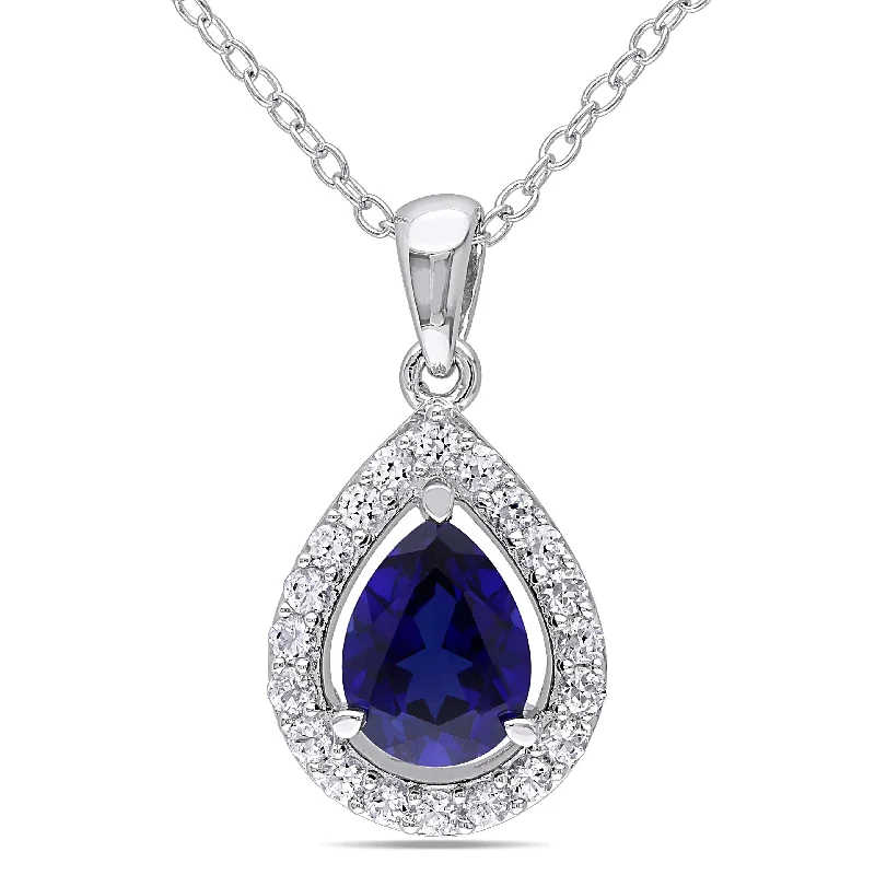 diamond pendant necklaces-Miadora Sterling Silver 2 1/5ct TGW Created Blue and White Sapphire Halo Teardrop Necklace - 21 mm x 18 in x 11 mm