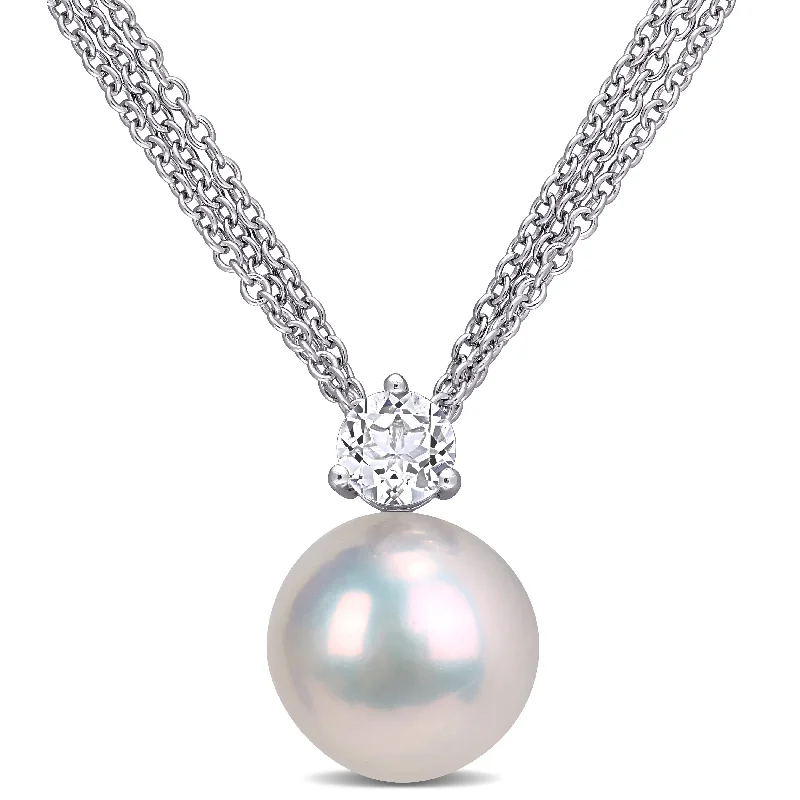 fashion necklaces for women-Miadora Sterling Silver Cultured Freshwater Pearl and White Topaz Multi-Chain Necklace (11-12 MM)