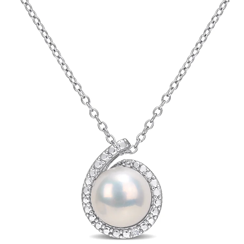 wedding necklaces for brides-Miadora Sterling Silver Cultured Freshwater Pearl & Diamond Accent Beaded Halo Necklace (8-8.5mm)