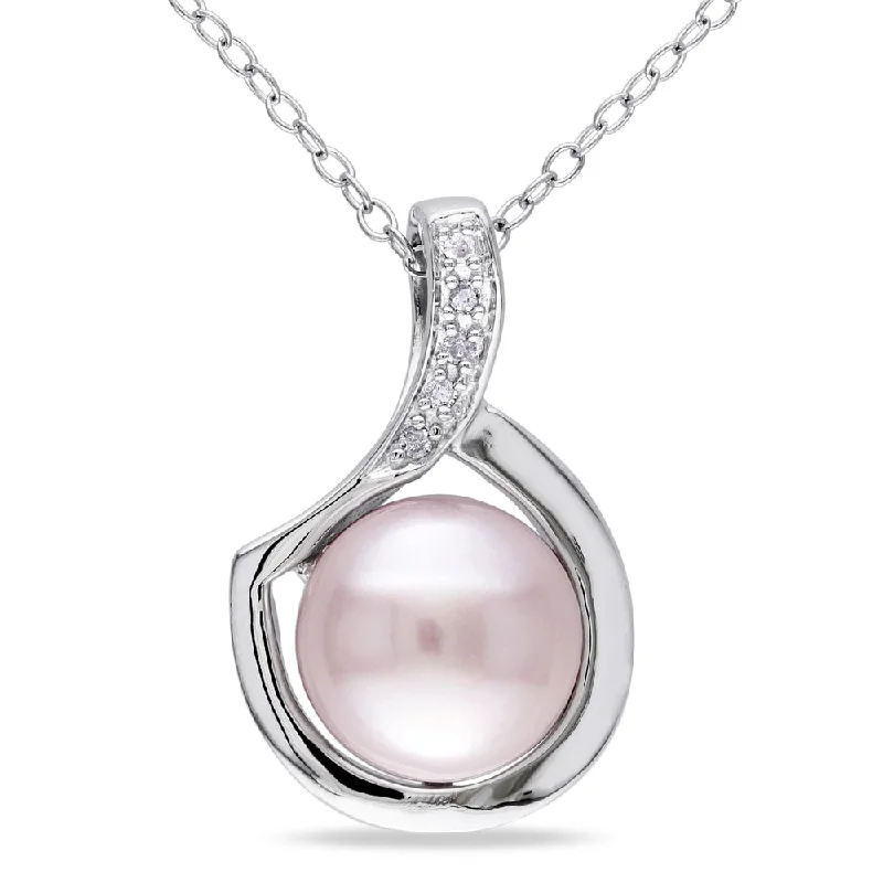 luxury gold necklaces-Miadora Sterling Silver Pink Cultured Freshwater Pearl and Diamond Accent Floating Swirl Dangle Necklace (9-9.5 mm)