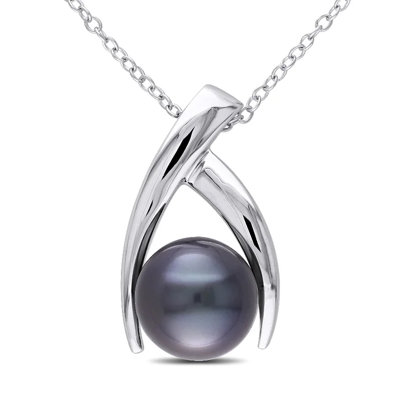 simple gold necklaces-Miadora Sterling Silver Tahitian Black Pearl Necklace (9.5-10 mm)