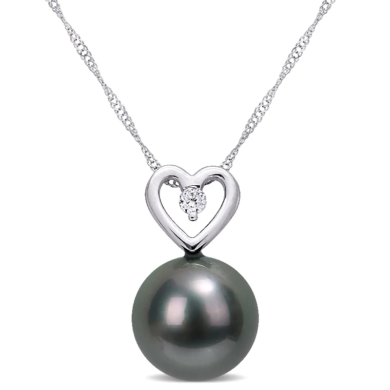 sterling silver necklaces-Miadora Tahitian Cultured Pearl & Diamond Accent Heart Drop Necklace in 10k White Gold (9.5-10mm)