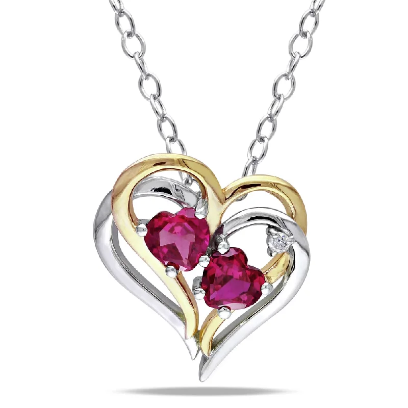 sterling silver pendant necklaces-Miadora Two-tone Silver Created Ruby and Diamond Accent Heart Necklace