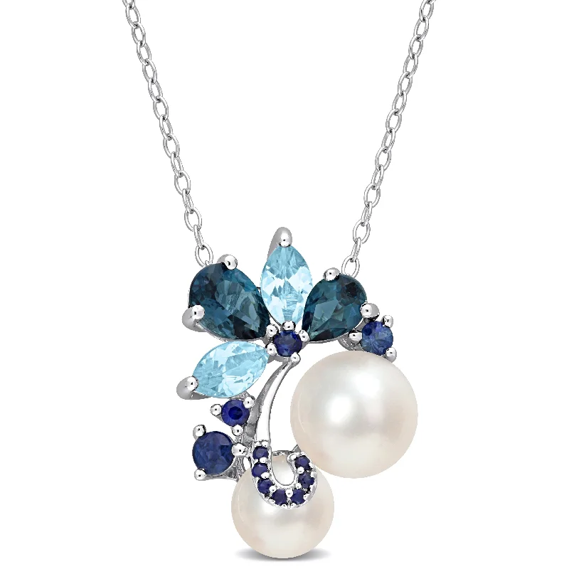 wedding necklace sets-Miadora White Cultured Freshwater Pearl, London and Sky-Blue Topaz, and Sapphire Pendant Sterling Silver