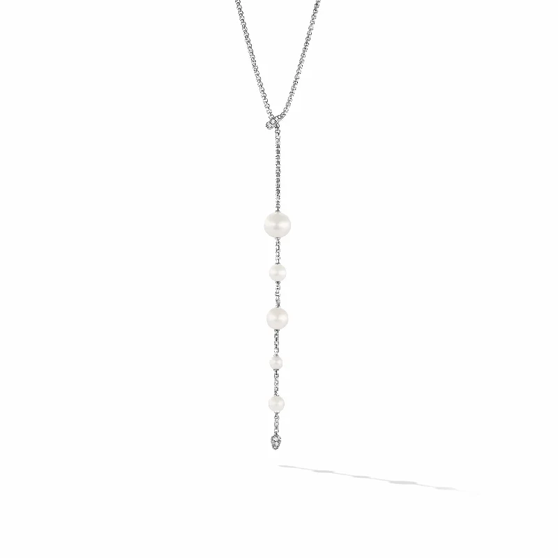 long necklaces for women-Pearl and Pave Necklace in Sterling Silver with Diamonds