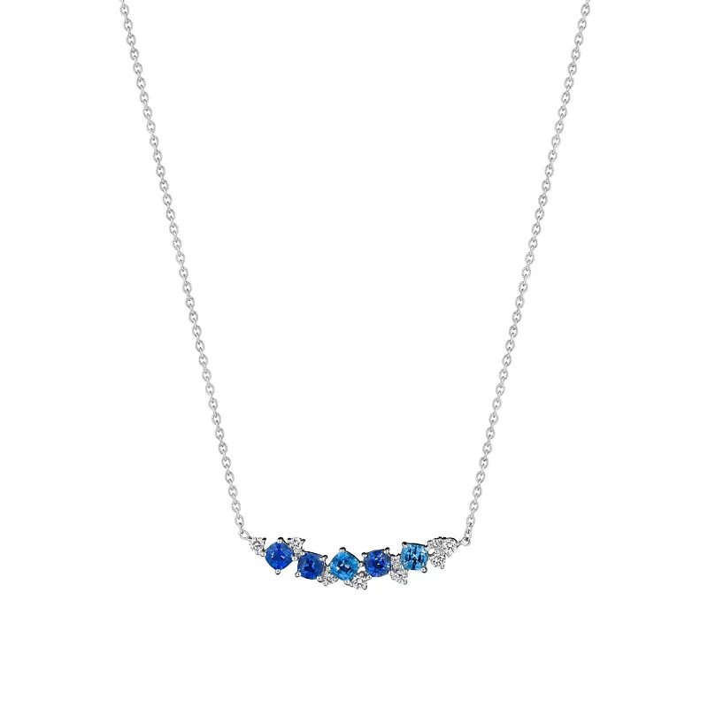 men’s gold necklaces-Blue Sapphire Watercolor Confetti Bar Necklace with Diamonds