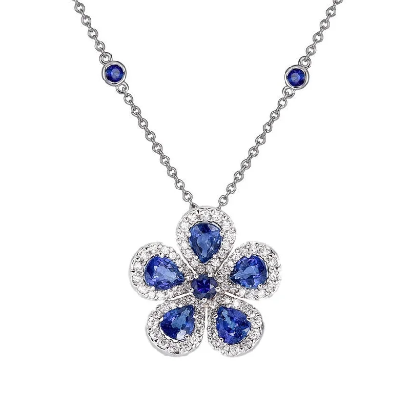 chunky gold necklaces-Classic Flower Necklace with Blue Sapphires and Diamonds