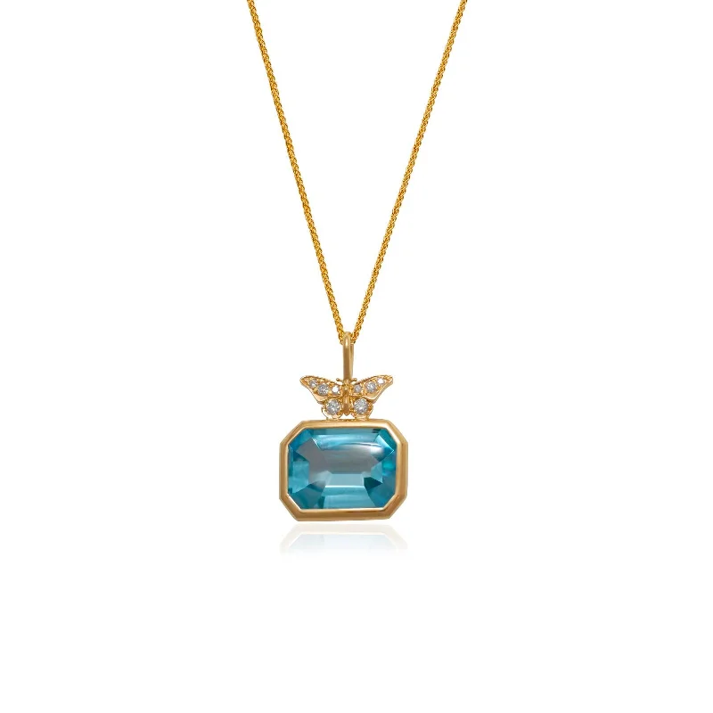 elegant gemstone necklaces-Blue Topaz & Diamond Butterfly Pendant