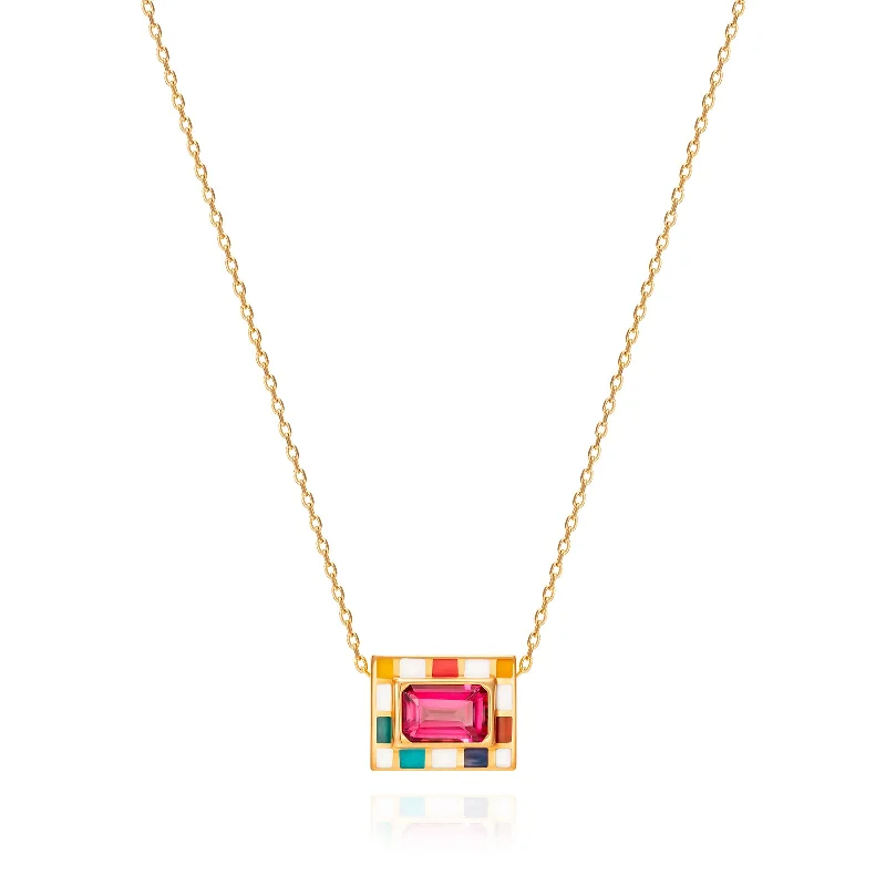 men’s gold necklaces-Pink Topaz & Enamel Let's Play Chess Mini Pendant