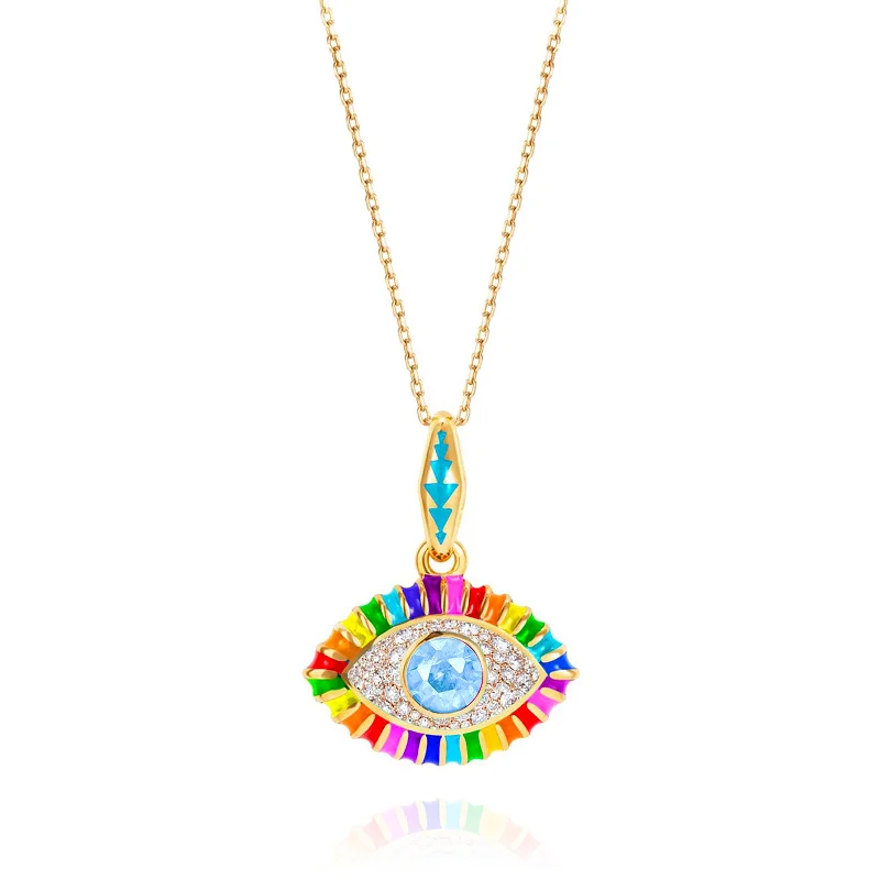 geometric necklaces for women-Blue Topaz and Diamond Life in Color Eye Pendant